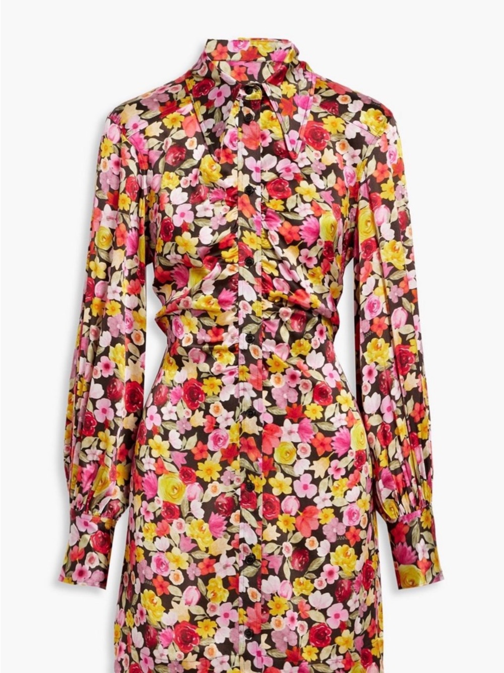 Ganni Ruched floral-print silk-blend satin mini shirt dress